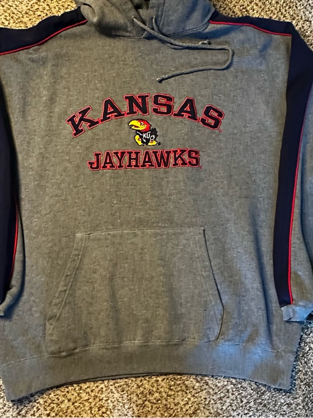 Vintage Kansas Jayhawks Men's Gray Hooded Sweatshirt with Navy Accents